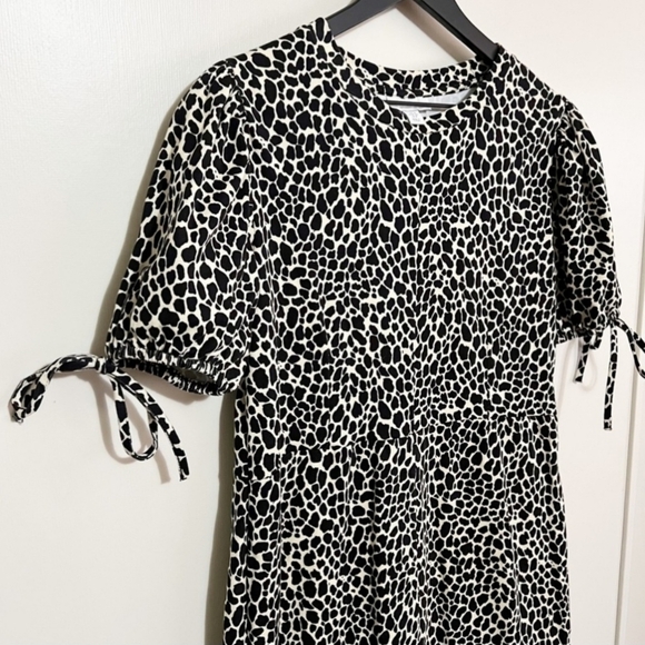 Topshop Animal Leopard Print Dress Women's 2 Black Tan Tie Sleeves Round Neck - Picture 3 of 10